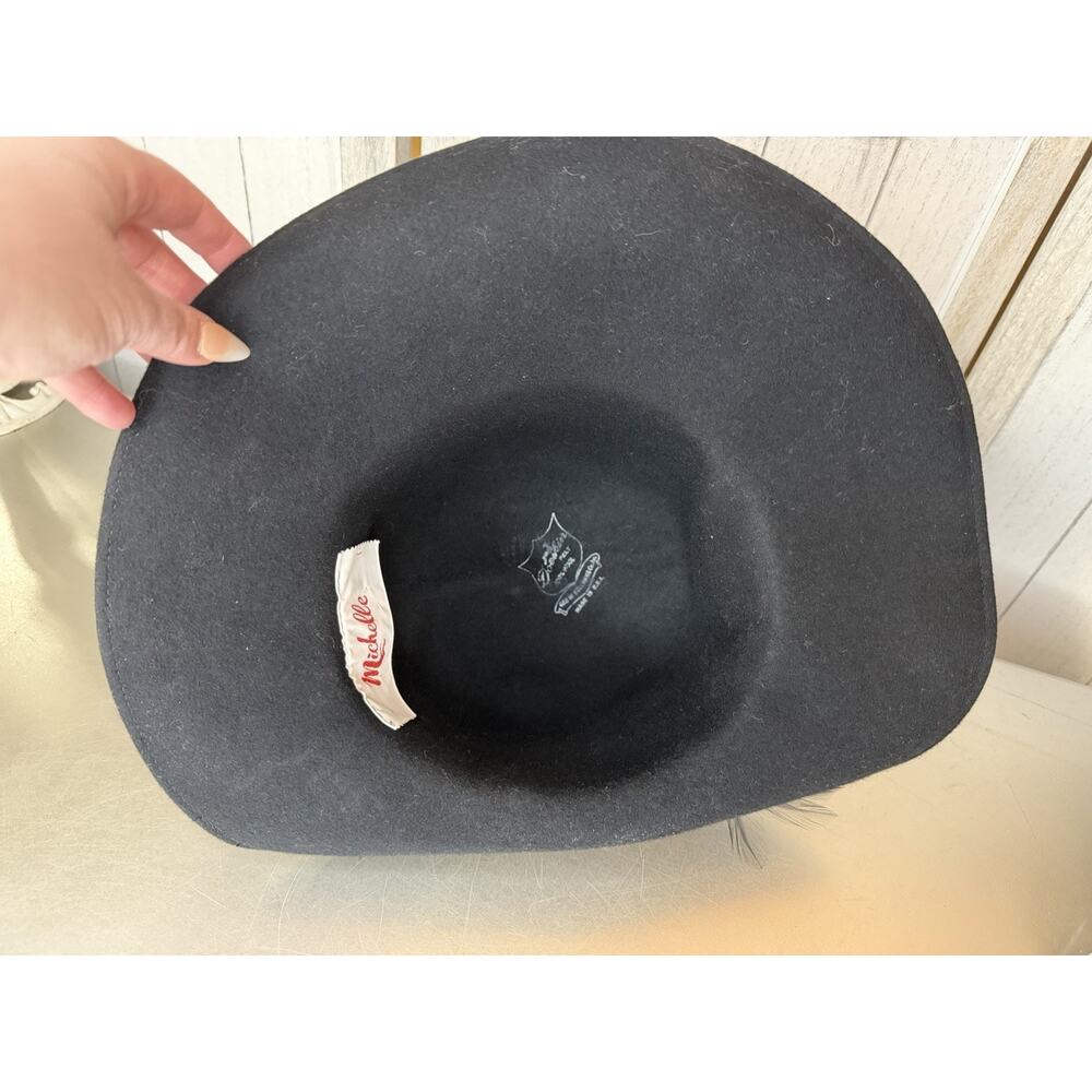 Vintage Geo W. Bollman Black Felt Ladies Hat w/ Feathers Doeskin 100% Wool USA - Picture 4 of 5